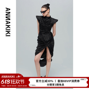 ANNAKIKI【LIZ金志垣同款】黑色醋酸不规则多褶立体飞袖连衣裙女