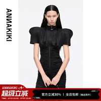 ANNAKIKI【陳卓璇明星同款】小眾黑色醋酸寬肩收腰褶皺短袖連衣裙