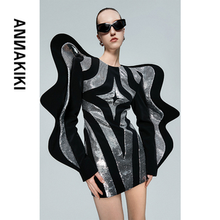 三醋酸四芒星撞色分形波浪袖 设计师 连衣裙 春装 ANNAKIKI连衣裙