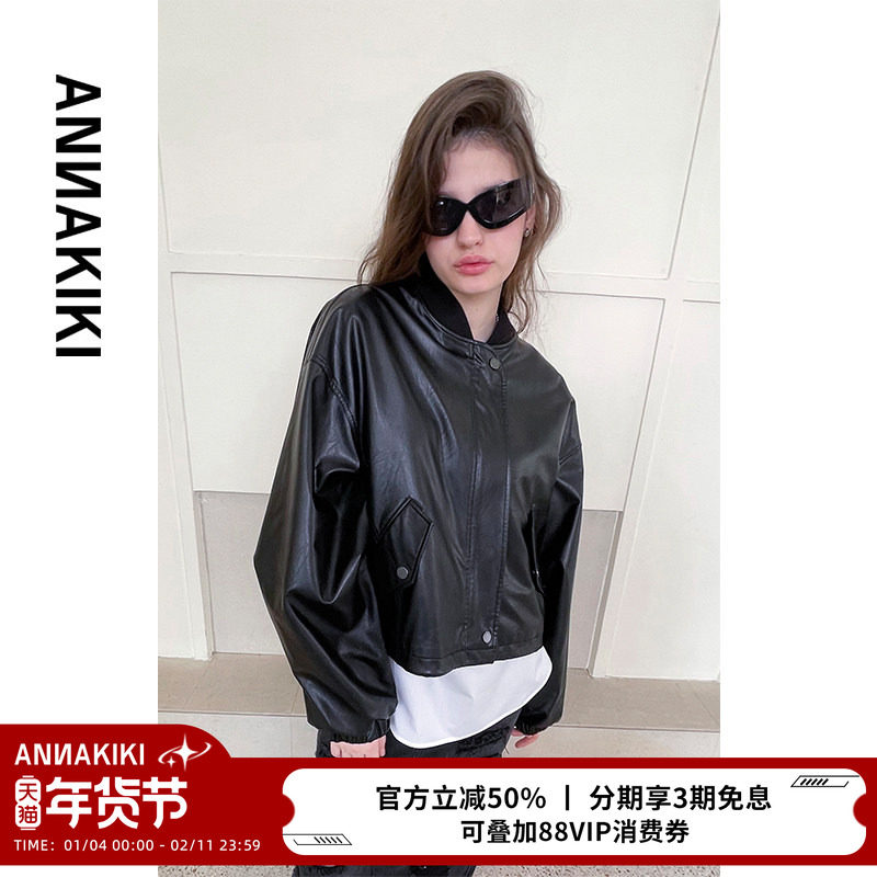 ANNAKIKI 巴恩风 设计师款女装小众 宽松廓形休闲镂空袖皮衣外套,女装/女士精品,短外套,淘宝优惠券,粉丝福利购,淘宝优惠卷