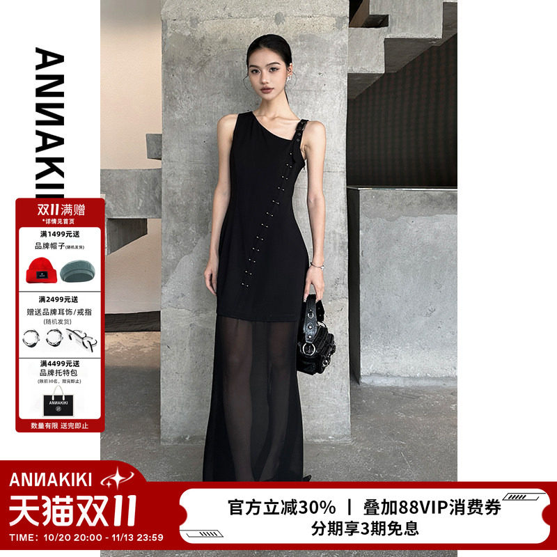 ANNAKIKI连衣裙 小众设计师款女装 黑色透视网纱及地无袖连衣裙女