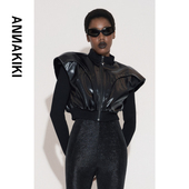 ANNAKIKI短外套 皮衣外套女 黑色立体宽肩短款 25冬装 小众设计师款