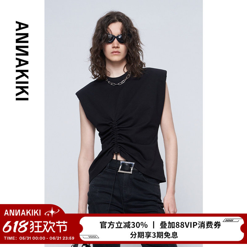 ANNAKIKI上衣 小众设计师款女装 黑色抽绳褶皱垫肩无袖修身上衣夏