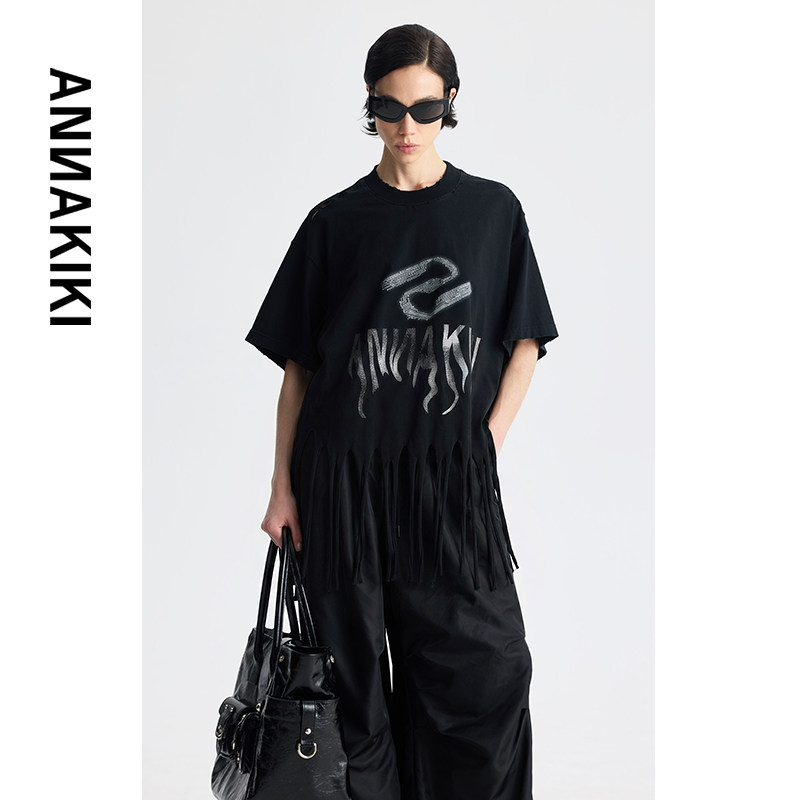 ANNAKIKI T恤 夏新小众设计师款 黑色印花流苏重工磨烂T恤上衣女