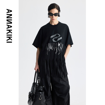 ANNAKIKI T恤 夏新小众设计师款 黑色印花流苏重工磨烂T恤上衣女