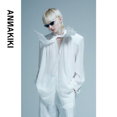 ANNAKIKI【华晨宇/尚雯婕/萧敬腾同款】白色醋酸真丝系带衬衫女夏