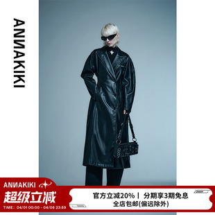 黑色弧形袖 ANNAKIKI皮衣 春装 小众设计师款 皮外套女 收腰中长款