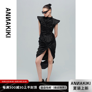  黑色醋酸多褶立体连衣裙女 小众设计师款 24夏装 ANNAKIKI连衣裙