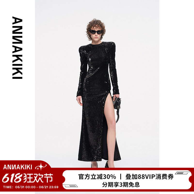 ANNAKIKI【张钧寗/佘诗曼/管乐同款】 高开叉露背珠片连衣裙长裙