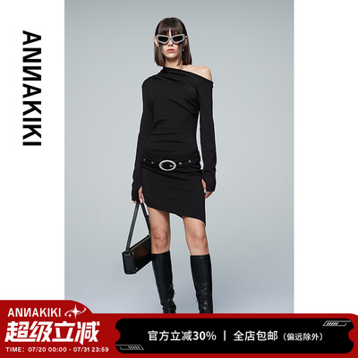 黑色斜肩弹力腰带不规则连衣裙女