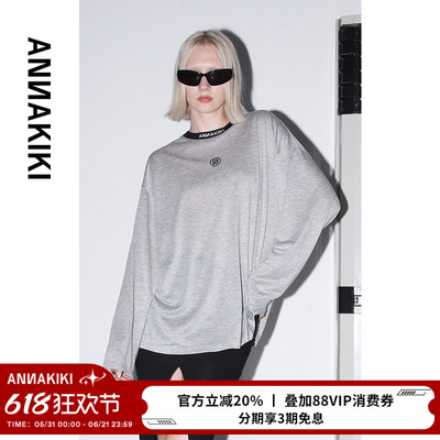 ANNAKIKI T恤 夏装小众设计师款 灰色LOGO纯色宽松长袖T恤上衣