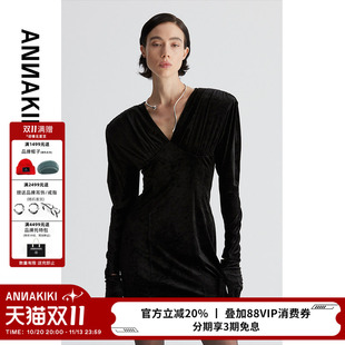 ANNAKIKI【谭维维/张笑颜同款】醋酸V领宽肩捏褶手套收腰连衣裙女