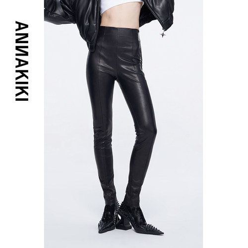ANNAKIKI加绒高腰紧身PU皮裤女