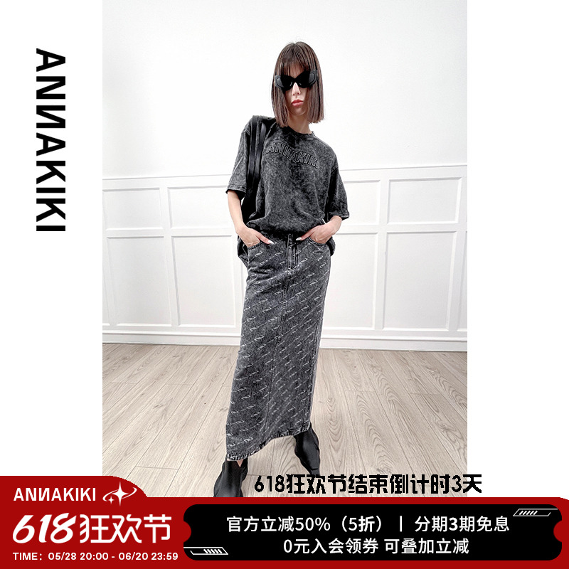 ANNAKIKI半身裙 设计师款女装小众 LOGO组合直筒牛仔半裙女秋季