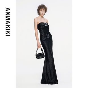 ANNAKIKI 小众设计黑色Logo醋酸提花抹胸连衣裙 凡希亚同款