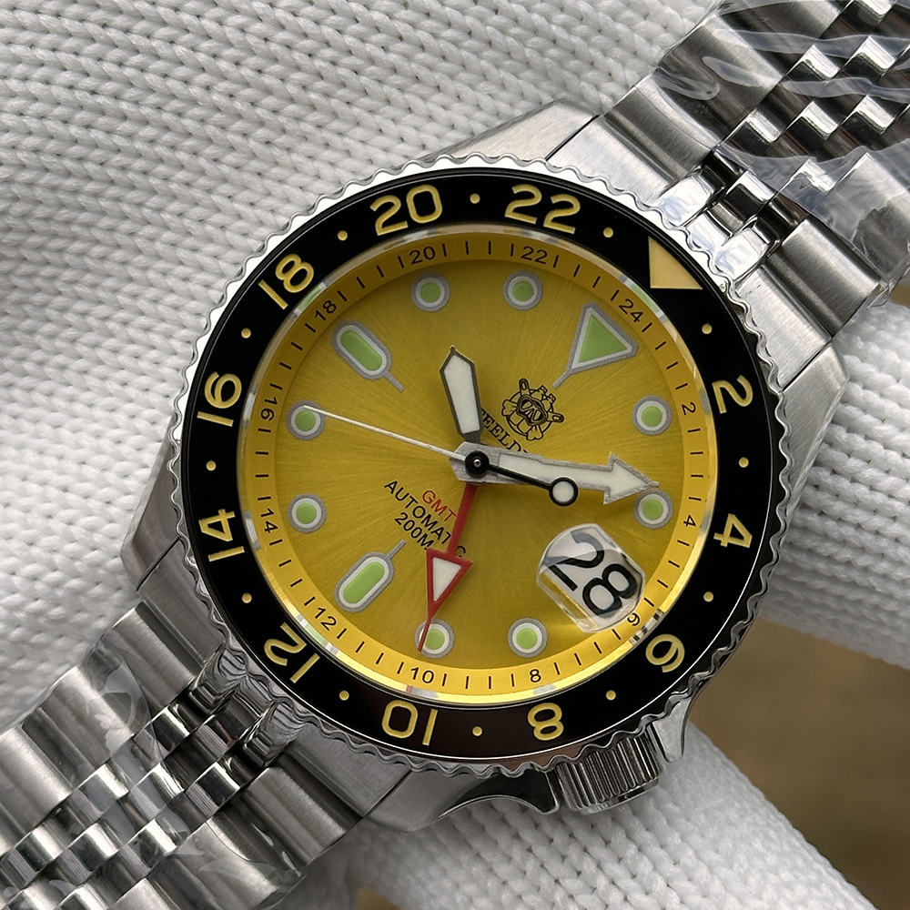 新款NH34机芯手表男黄水鬼GMT两地时24H五排链潜水防水运动机械表