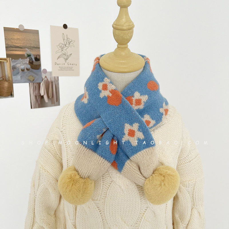 INS 작은 꽃 어린이 양모 스카프 가을 겨울  ??소년과 소녀를위한 따뜻한 두꺼운 니트 방풍 목 스카프