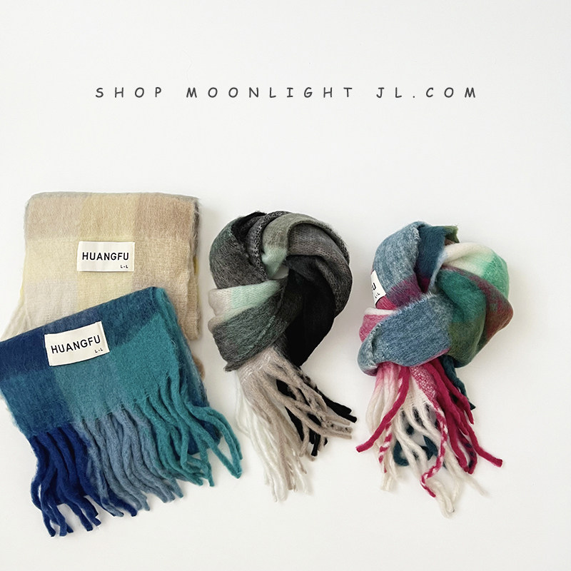 한국 스타일의 부드러운 대조 격자 무늬 어린이 스카프 니트 가을 겨울 따뜻하고 두꺼운 방풍  소녀 스카프