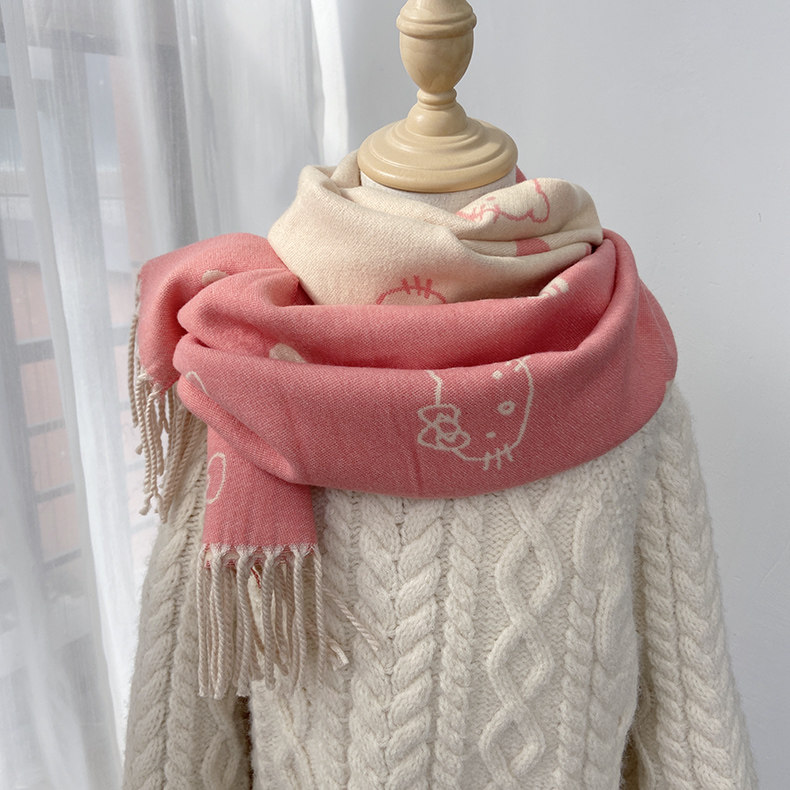 키트 고양이 양면 모조 캐시미어 어린이 스카프 소녀 겨울 방풍  따뜻한 스카프 귀여운  목 소매