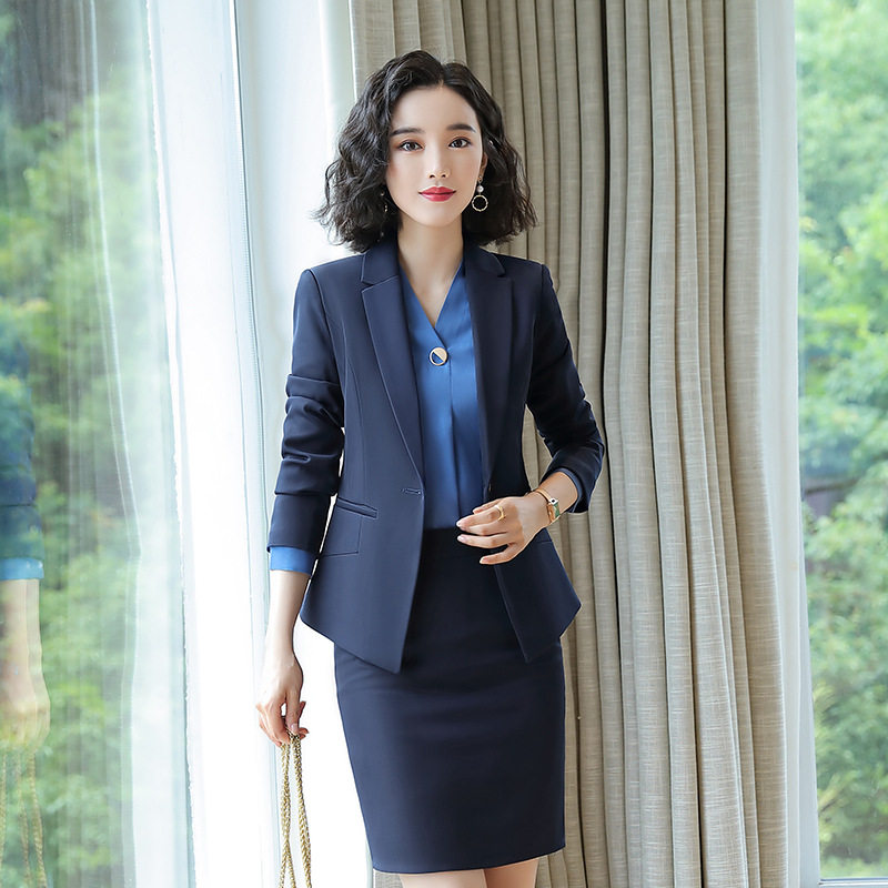 修身职业小西装套装女2022年秋冬韩版售楼部面试银行藏蓝正装外套
