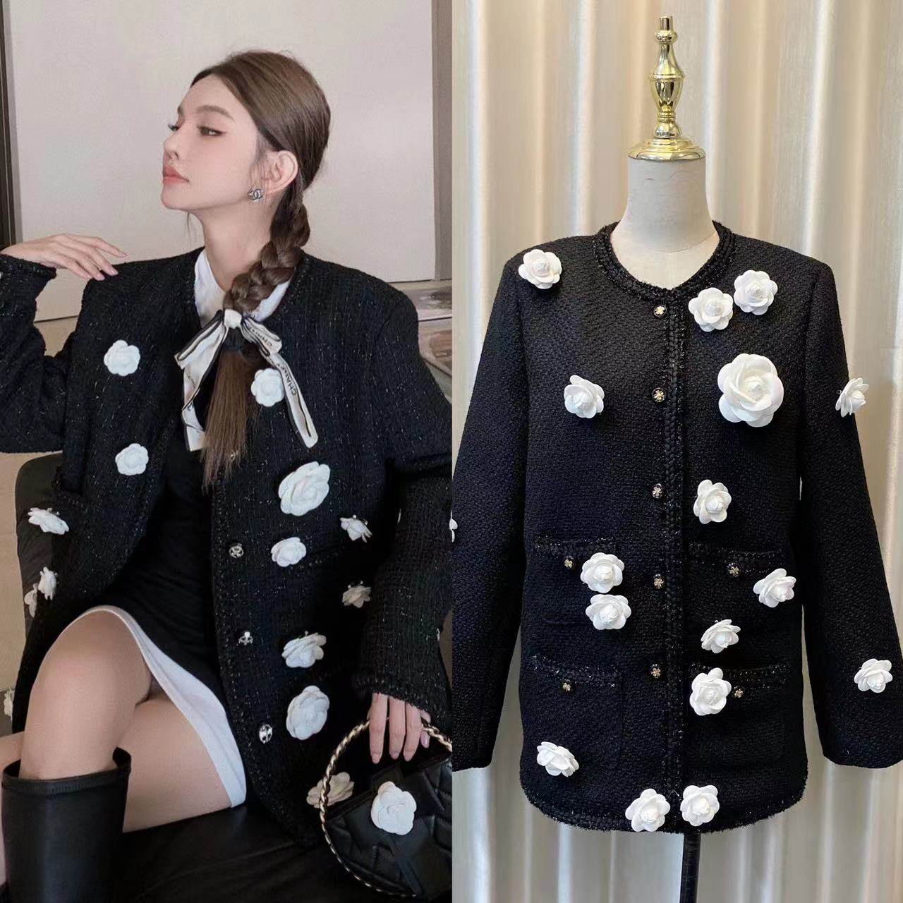 赵辰晨 立体山茶花粗花呢外套女秋冬款小香风气质高级感黑色上衣