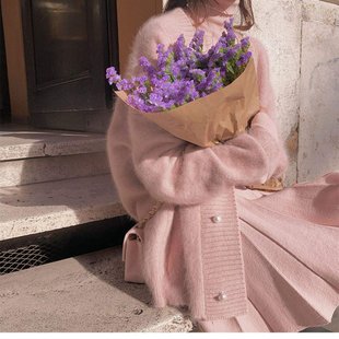 秋冬新款 外穿超仙森系V领毛衣外套女宽松上衣慵懒 水貂绒针织开衫