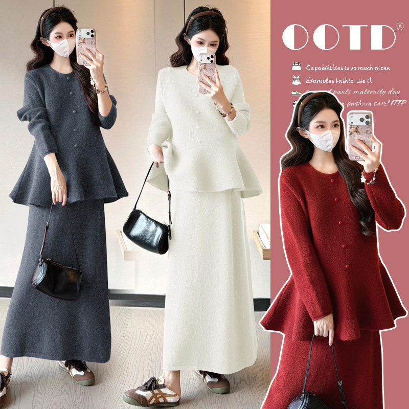 实拍~现~孕妇套装时尚洋气时髦法式小香风上衣半身裙秋冬款两件套