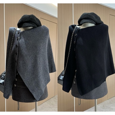 Via del sol 100%绵羊毛针织披肩斗篷大版型毛衣秋冬设计感上衣女