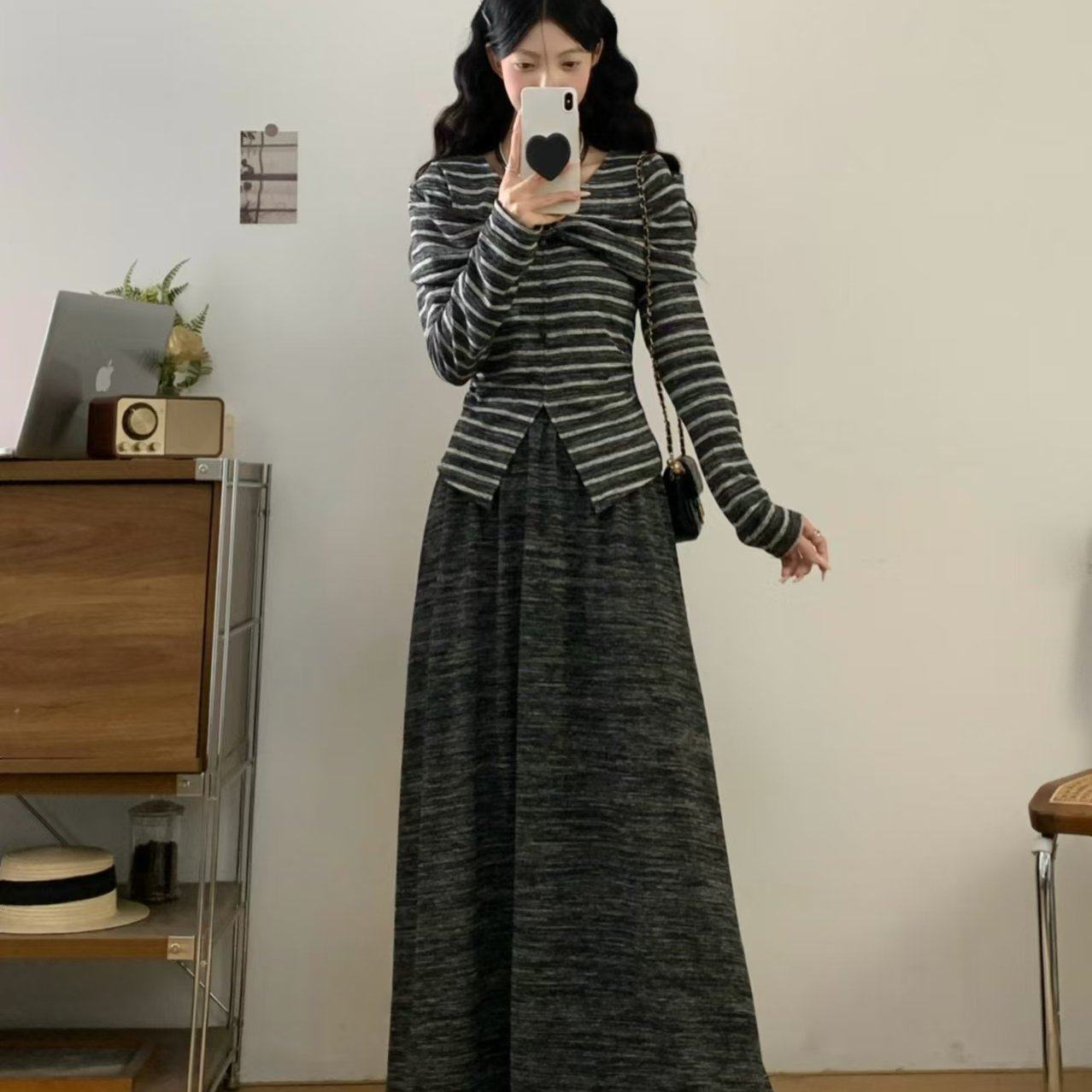 实拍韩系chic别致半身裙套装秋季新款灰黑色吊带针织A字中长裙,女装/女士精品,大码套装,淘宝优惠券,粉丝福利购,淘宝优惠卷