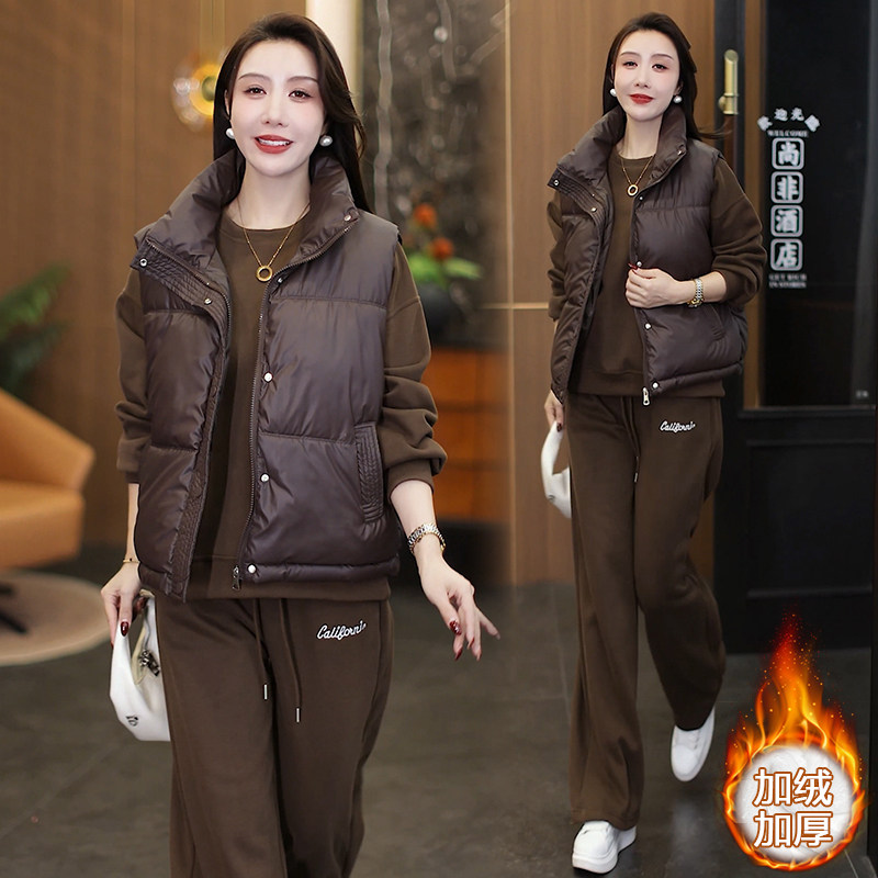 实拍 大码三件套女2025新款冬季运动小个子加绒加厚卫衣套装