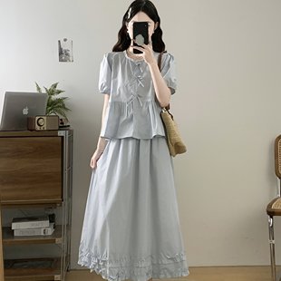 实拍~大码韩系甜美蝴蝶结短袖宽松衬衫+半身裙时尚套装