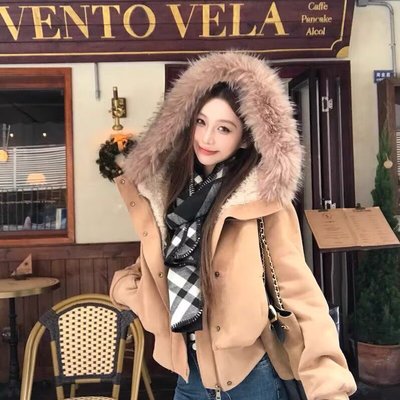 PPHOME美式复古大毛领连帽短款外套女冬季加厚保暖高级感棕色棉服