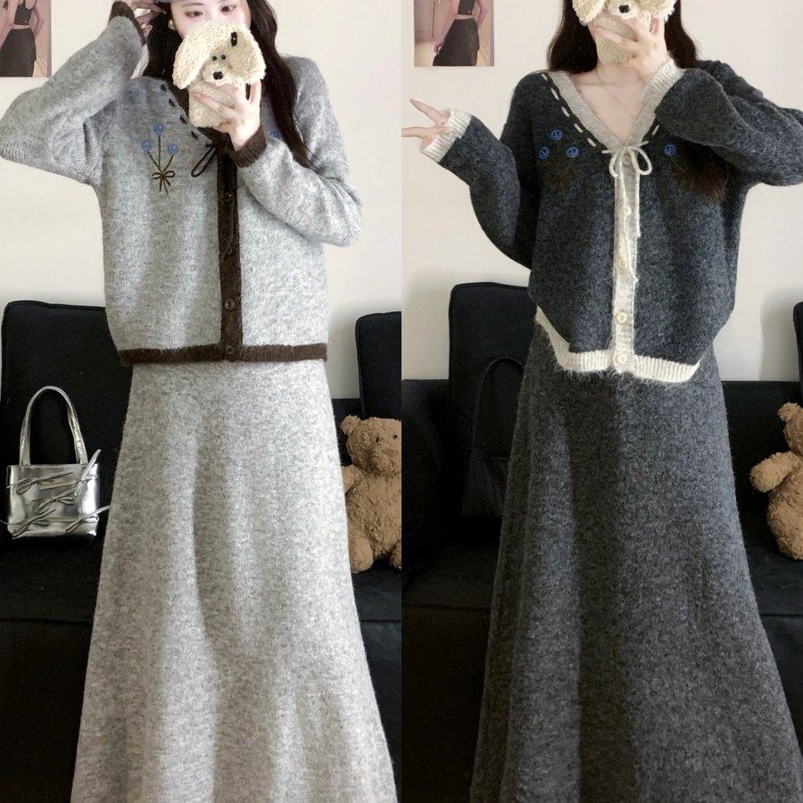 实拍大码冬季韩系刺绣花朵V领撞色高级感软糯针织毛衣+半身裙套装,女装/女士精品,大码套装,淘宝优惠券,粉丝福利购,淘宝优惠卷