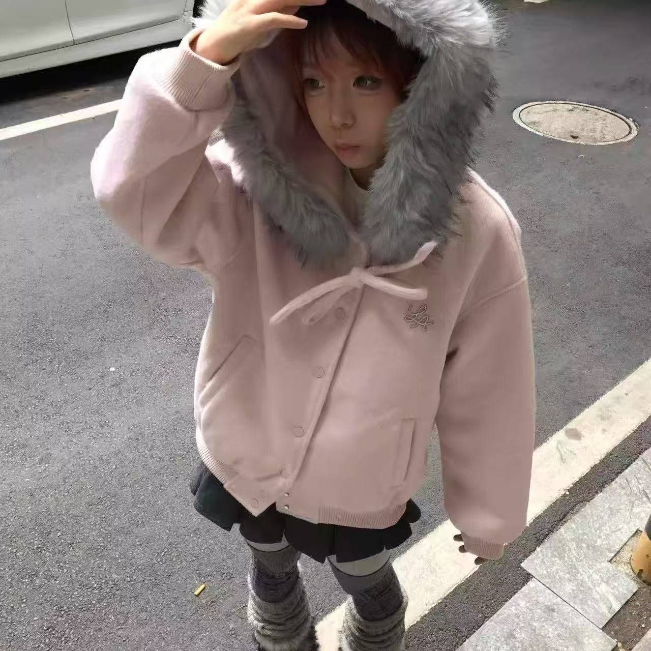 miu系穿搭!蝴蝶结韩系学院风连帽呢子外套女毛领拼接保暖上衣