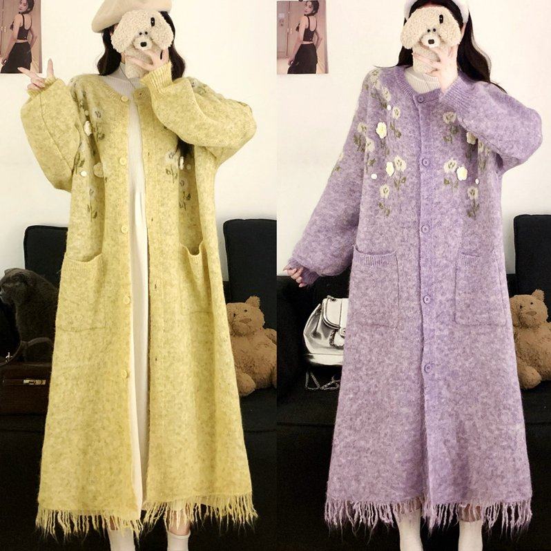 实拍大码冬重工花朵宽松软糯流苏裙设计感毛衣外套针织连衣裙套装