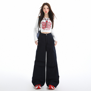 高腰宽松设计感可收脚口阔腿裤 女2025年新款 牛仔裤 宝蓝色白色工装