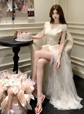 实拍车迟恩Chien梦境乌托邦可脱卸长/短网纱裙 两穿式蕾丝连衣裙