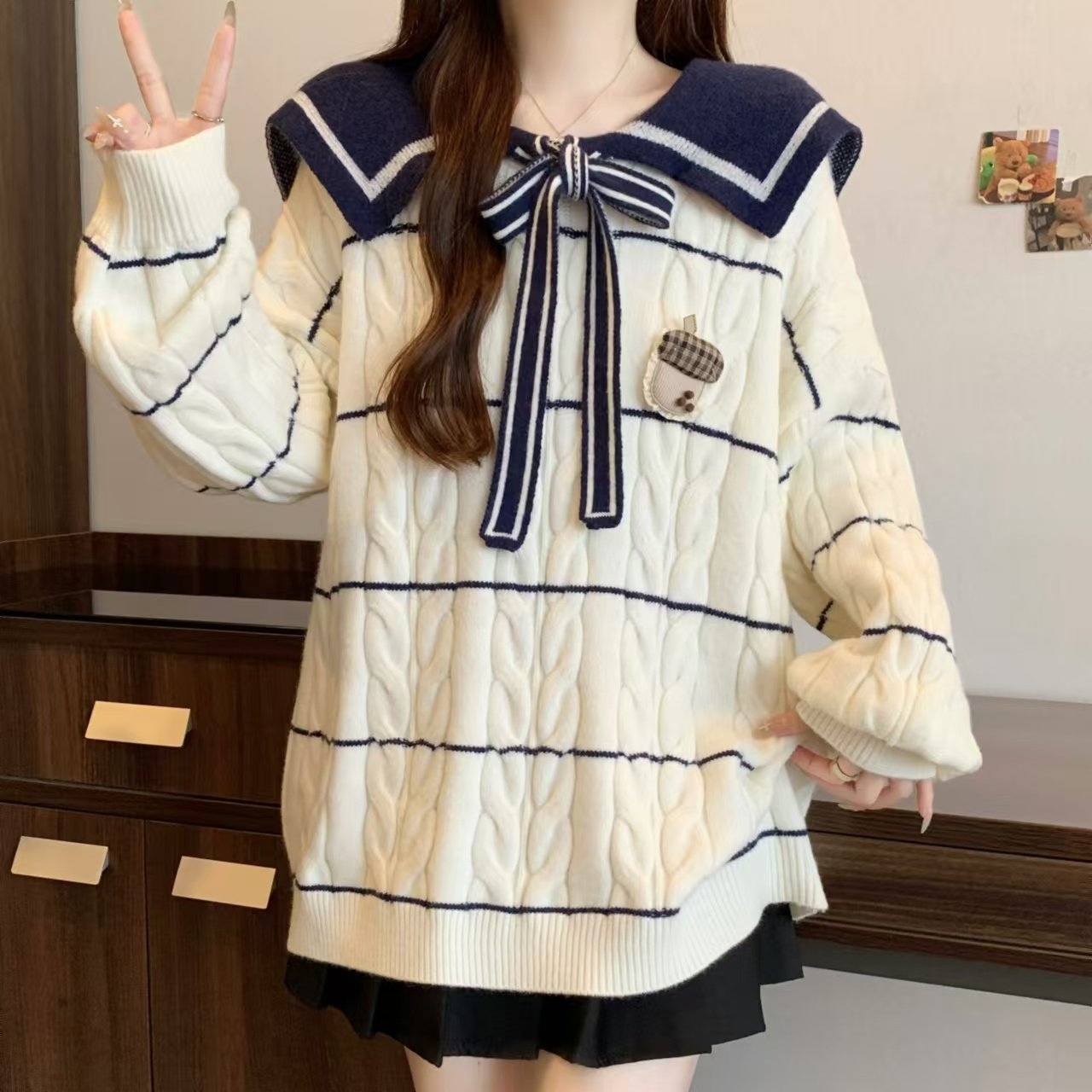 实拍 海军领条纹毛衣女秋冬外穿新款宽松慵懒风可爱减龄针织上衣,女装/女士精品,大码内搭,淘宝优惠券,粉丝福利购,淘宝优惠卷