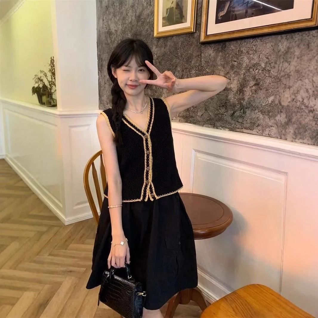 复古小香风撞色V领吊带针织背心夏马甲气质修身短款开衫无袖上衣