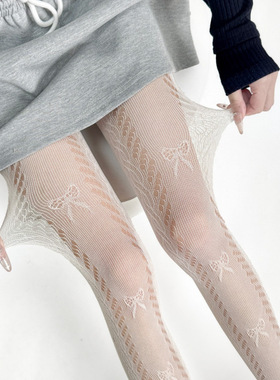 日系JK洛丽塔连裤袜女春夏薄款蝴蝶结蕾丝网眼裆打底袜
