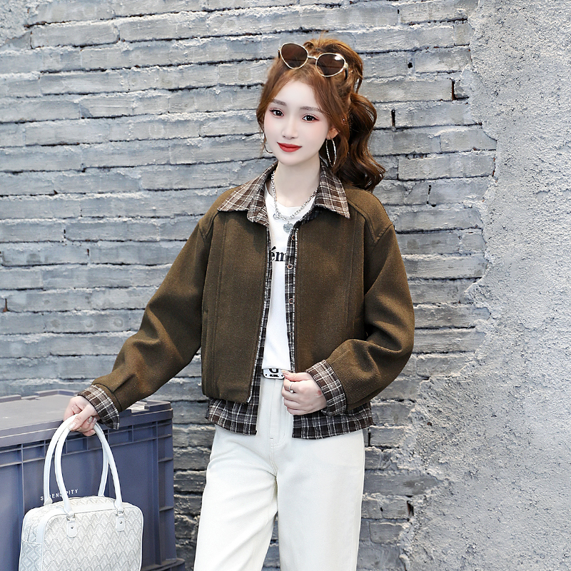 格子拼接短款夹棉毛呢外套秋冬