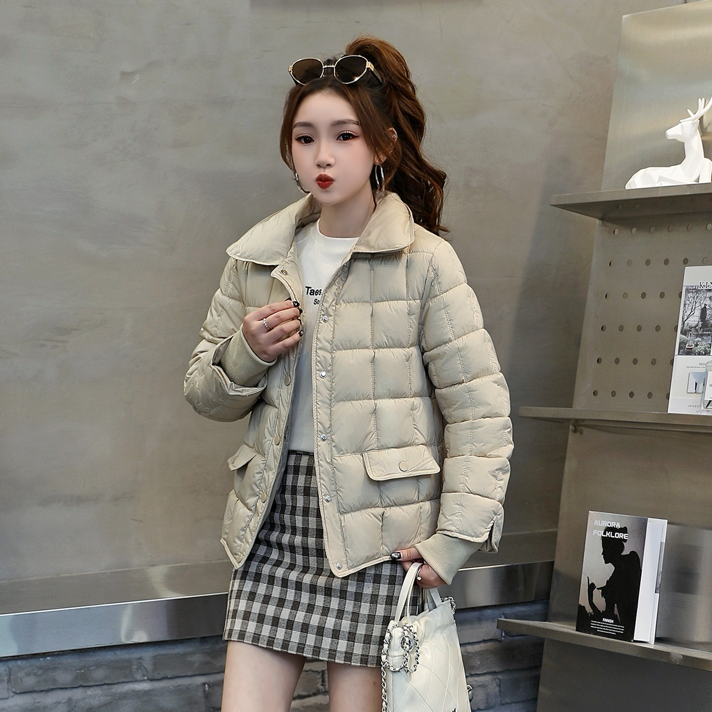 翻领短款羽绒棉衣棉服女冬季2025新款菱形格小棉袄爆款小个子外套