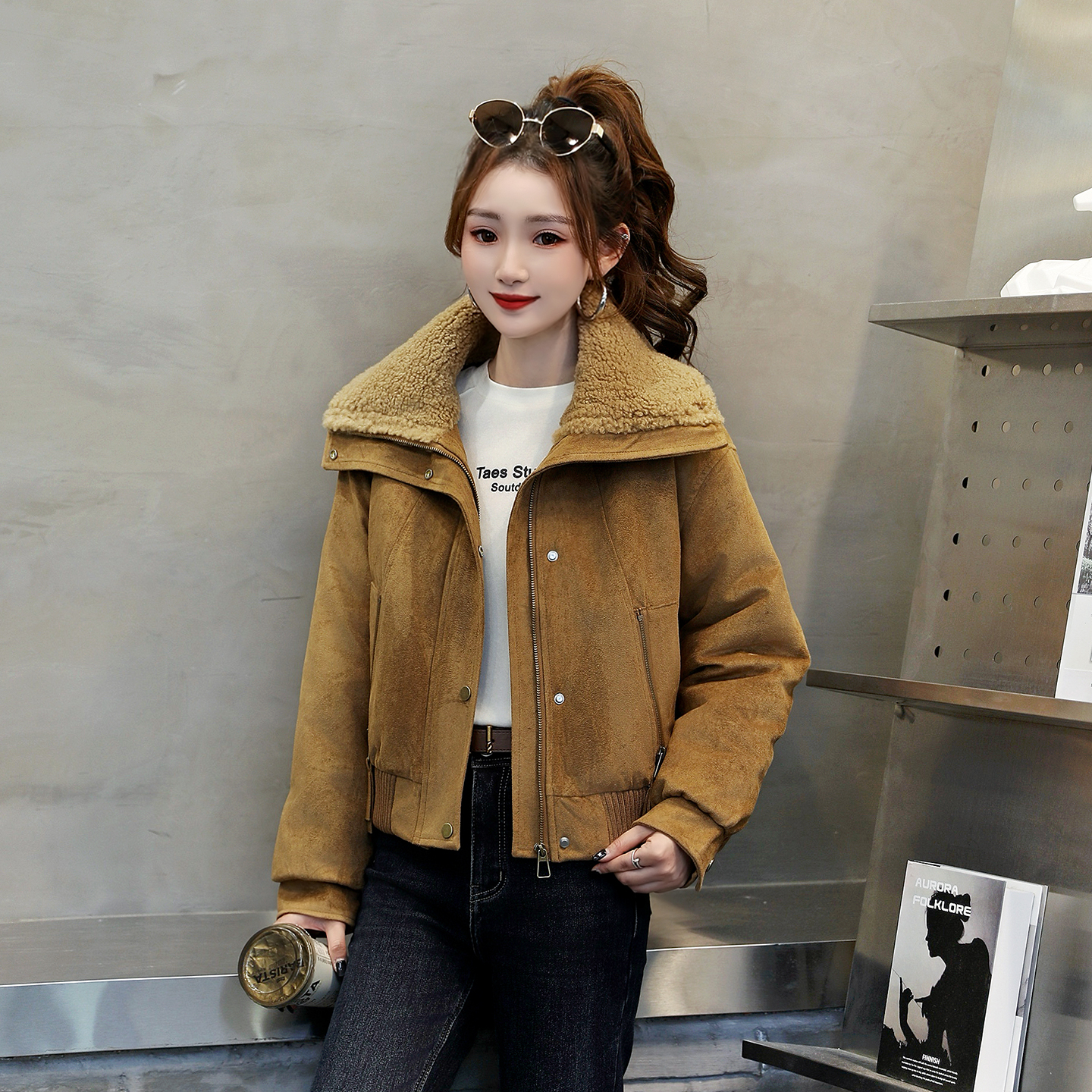 毛领麂皮绒短款外套女秋冬装2025新款夹棉加厚小个子翻领棉服上衣