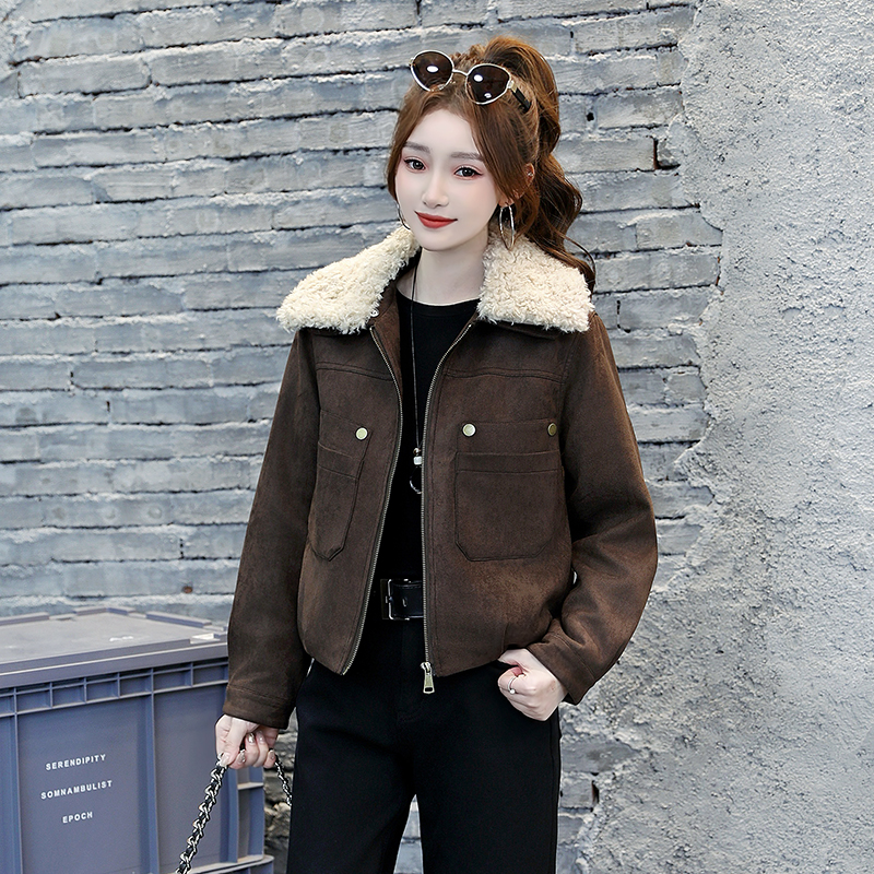 加厚仿羊羔毛领短款外套女