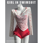 聚拢带钢圈温泉显瘦遮肉海边度假泳装 红色泳衣女连体防晒长袖 罩衫