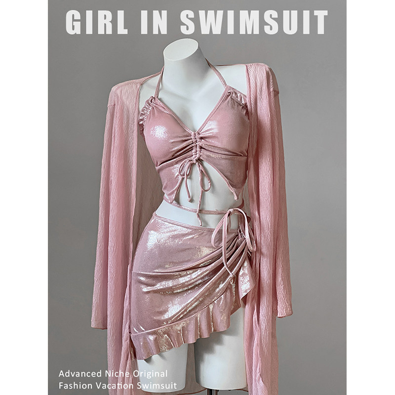 分体泳衣女比基尼性感聚拢大码微胖mm罩衫长袖防晒海边度假泡温泉