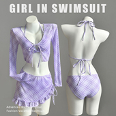 紫色比基尼泳衣女超仙女四件套长袖 性感纯欲风小胸度假风 网纱罩衫