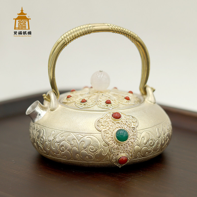 纯银999手工花丝镶嵌银壶