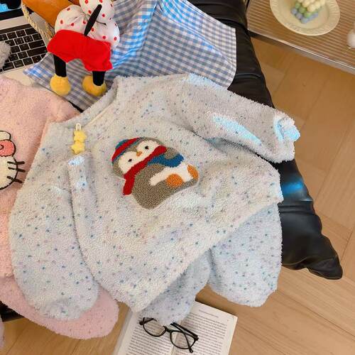 儿童睡衣秋冬男女孩保暖抗菌刺绣半边绒家居服宝宝加绒加厚两件套