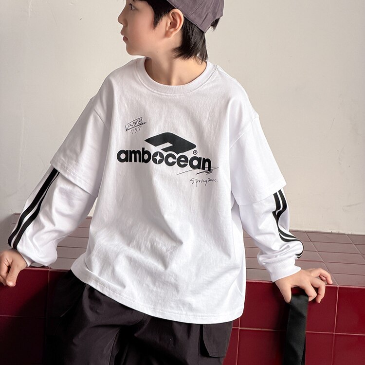 韩系男童假两件长袖T恤2026新款中大童字母百搭儿童打底衫上衣潮